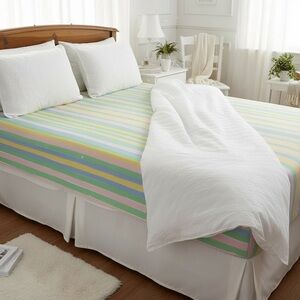 Vintage 80's Marimekko Pastel Striped Queen Fitted Bed Sheet By Dan River